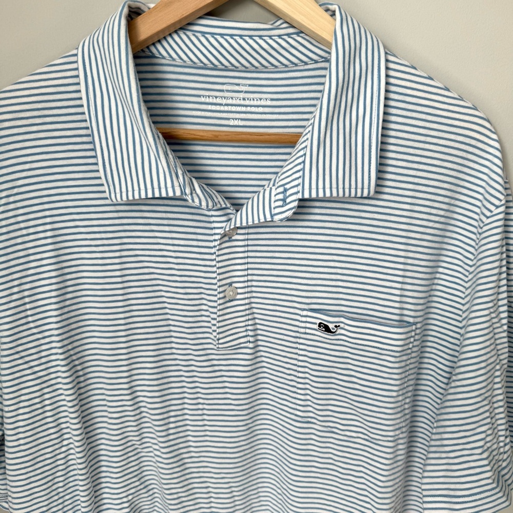 Men's Light Blue & White Striped Vineyard Vines Polo Shirt - Picture 2 of 2